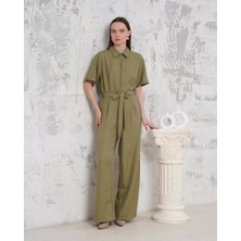 Gizmur Store Kuşaklı Gömlek Yaka Salaş Tulum Haki S255822