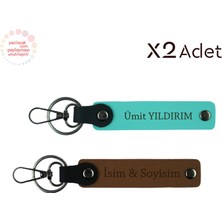 Miawiki Klasik Sevenlere Zarif Tasarım – Isimli 2’li Deri Anahtarlık Seti, Açık Kahve-Turkuaz