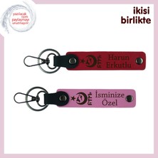 Miawiki Isim Yazılabilen Ayyıldız Kurt Göktürk Motifli Anahtarlık Takım, Sevdiklerine Armağan, Kırmızı-Pembe