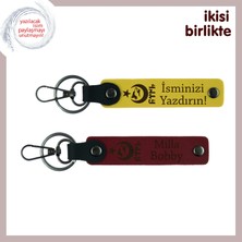 Miawiki Eşine Verilebilecek Yıldönümü Armağanı, Ayyıldız Kurt Göktürklü Deri Anahtarlık X2, Sarı-Bordo