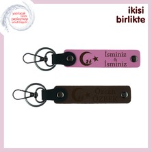 Miawiki Sevgiliye Çocuk ve Ayyıldız Temalı Armağan – Isim Yazılabilir Deri Anahtarlık Seti, Pembe-Kahve