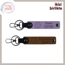 Miawiki Voleybol Topu Motifli Kişisel Deri Anahtarlık Takımı, Iki Kişilik Hatıra, Mor-Açık Kahve