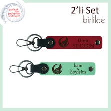 Miawiki Üzerine Isim Yazılan Bozkurt ve Ayyıldız Tasarımlı Kişisel Deri Anahtarlık Seti X2, Kırmızı-Yeşil