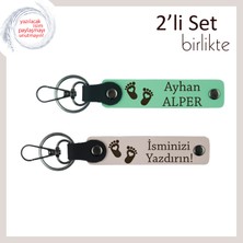 Miawiki Ad Yazılabilir ve Kalpli Bebek Ayağı Motifli Anahtarlık Set, Yeni Anneye Özel Hediye, A Yeşil-Pudra