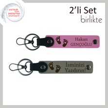 Miawiki Bebek Ismini Taşıyan Kalpli Ayak Desenli Deri Anahtarlık, 2’li Kişisel Hediye Seçeneği, Pembe-K Gri