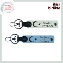 Miawiki Çiftlere Özel, Isim & Soyisim Yazılabilen Ay Yıldız Temalı 2’li Anahtarlık Hediye, Beyaz-Gök Mavi