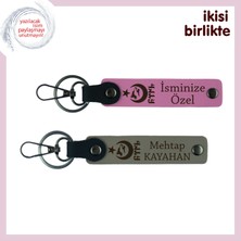 Miawiki Ayyıldızın Aşkı – Sevgiliye Isme Özel Ayyıldız Kurt Göktürk Deri Anahtarlık Hediyesi, Pembe-Kül Gri