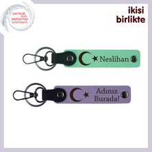 Miawiki Doğum Gününe Ince Hediye, Ay Yıldız Temalı Kişisel Isimli 2’li Anahtarlık Takımı, Açık Yeşil-Mor