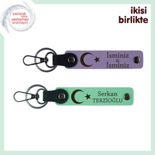Miawiki Ay Yıldızlı Deri Anahtarlık Seti X2 – Üzerine Isim Eklenebilen Hatıra Hediye, Mor-Yeşil