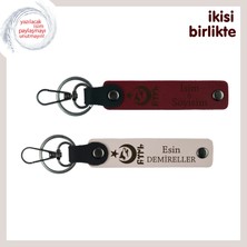 Miawiki Askerlik Hatırası Özel Hediye – Ayyıldız Kurt Göktürk, Kişiye Özel Deri Anahtarlık 2'li, Bordo-Pudra