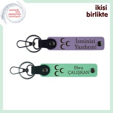 Miawiki Üç Hilal Deri Anahtarlık Seti X2 – Isim Eklenebilen Hatıra Hediye, Mor-Yeşil