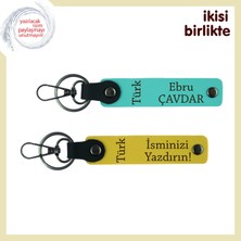 Miawiki Türk Yazısı Deseniyle Hazırlanmış Armağan – Isme Yazılabilir Deri Anahtarlık, Turkuaz-Sarı
