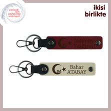 Miawiki Vatan Temalı Hediye – Çocuk ve Ayyıldız, Isimli 2’li Deri Anahtarlık Seti, Bordo-Sütlü Kahve