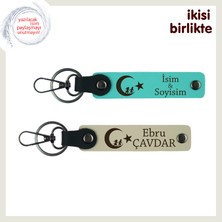 Miawiki Sevdiklerine Hediye, Çocuk ve Ayyıldız Temalı Kişiye Özel Anahtarlık Set, Turkuaz-Sütlü Kahve