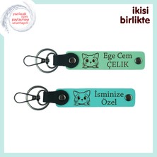 Miawiki Evcil Patili Dostun Adını Taşıyan Hediye, Yazılabilir Deri Anahtarlık Seti, Açık Yeşil-Turkuaz