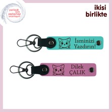 Miawiki Veteriner Kliniklerine Özel Kedi Temalı Promosyon Anahtarlık Seti, Isme Özel Kişisel, Turkuaz-Pembe