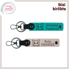 Miawiki Kedili Sevgiliye Sevimli Sürpriz, Yazılabilir Deri Anahtarlık 2’li Set, Koyu Turkuaz-Pudra