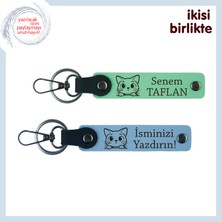 Miawiki Minik Yaramazlara Duygusal Bağ Armağanı, Kedili Deri Anahtarlık Seti, Isim Yazılı, Açık Yeşil-G Mavi