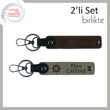 Miawiki Deniz Tutkunu Eşe Özel Tasarım, Gemi Desenli Deri Anahtarlık Seti, Koyu Kahve-Kül Gri