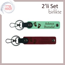 Miawiki Yeni Babalara Ilk Baba Hatırası, Kalpli Bebek Ayağı Motifli Deri Anahtarlık Takımı, Açık Yeşil-Bordo