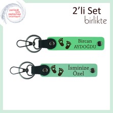 Miawiki Adınıza Hazırlanan Kalpli Bebek Ayağı Temalı Anahtarlık, Kişisel 2’li Hediye Set, F Yeşil-Açık Yeşil