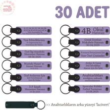 Miawiki Mezuniyet Sonrası Sınıfa Toplu Hediye, 30'lu Set, Kişiye Özel Yazılı Deri Anahtarlık, Mor & Lacivert