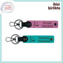 Miawiki Eşin Için Milli Ruhlu Hediye– Ayyıldız ve Türkiye Desenli Kişisel Anahtarlık Takımı, Pembe-Turkuaz