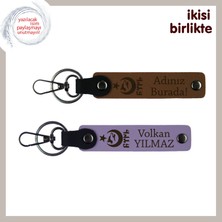 Kardeşe Özel Kalıcı Hatıra, Ayyıldız Kurt Göktürk Isim ve Soyadı Yazılı X2 Anahtarlık, A Kahve-Mor