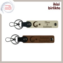 Miawiki Motifli Romantik Hediye – Sevgiline Çocuk ve Ayyıldız Deri Anahtarlık Takımı, Sütlü Kahve-Kahve