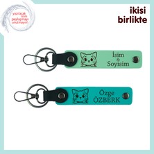 Miawiki Kedi Deseni Sevenlere Uygun Hatıra, Kişisel Isim Yazılı Anahtarlık, X2’li, Açık Yeşil-Koyu Turkuaz