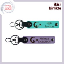 Miawiki Sadece Ona Ait Hediye – Çocuk ve Ayyıldız Temalı Kişiye Özel Deri Anahtarlık Seti, Turkuaz-Mor