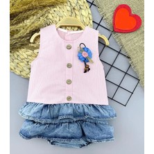 6-9-12-18 Ay Gül Rozet Detaylı Kot Kilotlu Etek Kız Bebek Elbisesi Pembe