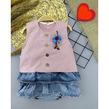 6-9-12-18 Ay Gül Rozet Detaylı Kot Kilotlu Etek Kız Bebek Elbisesi Gül Kurusu