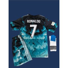 Realmadrid Ronaldo Mavi Dalgalı Özel Tasarım Çocuk Futbol Forması 4'lü Takım