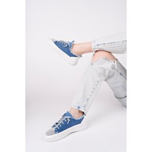 Ortopedik Topuk Dikenine Karşı Özel Üretim Bağcıklı Spor Ayakkabı Keten Mavi Topuk Boyu 1,5 cm