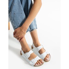 Holm Çift Tokalı Beyaz Camel Kadın Sandalet