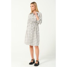 Busa Hamile Uzun Kollu Ara Boy Ekose Elbise Gri