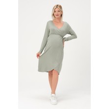 Busa Hamile Önden Bağcıklı Kolay Giyilebilir Uzun Kollu Penye Elbise Çağla