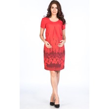 Busa Hamile Desenli Kısa Kollu Elbise Kırmızı