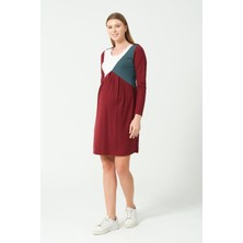 Busa Hamile Blok Renk Uzun Kollu Ara Boy Elbise Bordo