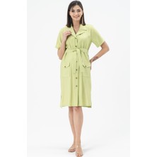 Busa Hamile Kuşaklı Önden Cepli Kısa Kollu Elbise Fıstık Yeşili