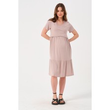 Busa Hamile Emzirme Detaylı Kısa Kollu Penye Elbise Bej