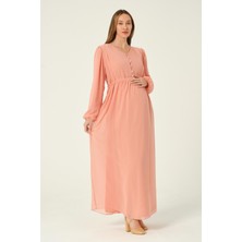 Busa Hamile Beli Bağcıklı Şifon Maxi Boy Tesettür Elbise Somon