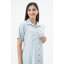 Busa Hamile Arkası Lastikli Önden Düğmeli Kısa Kollu Midi Boy Elbise Mintyeşili