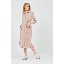 Busa Hamile Gömlek Yaka Önden Cepli Midi Boy Elbise Vizon