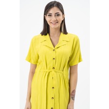 Busa Hamile Bürümcük Kumaş Kısa Kollu Kemerli Elbise Limon Yeşili