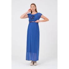 Busa Hamile Kemerli Uzun Elbise Saks