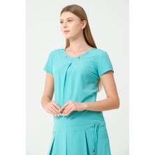 Busa Hamile Kısa Kollu Belden Bağcıklı Mini Elbise Turkuaz