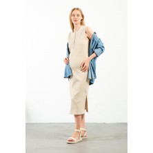 Busa Hamile Midi Boy Yandan Yırtmaçlı Sıfır Kol Fitilli Elbise Krem