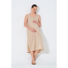 Busa Hamile Sıfır Kollu Yandan Yırtmaçlı Midi Boy Elbise Vizon